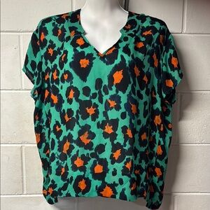 CAbi Green and Black Boxy Blouse with V-Neck